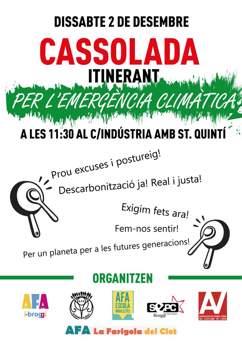 Cassolada itinerant per l’emergència climàtica. 
🎈 dissabte 2 desembre 
🎈 11.30 hores
🎈 Indústria amb Sant Quintí

Amb el suport de <a href="/afamiralletes/">AFA Miralletes</a>  @sepcbroggi <a href="/AFA_Caterina/">AFA Caterina Albert</a> <a href="/afafarigolaclot/">AFA Farigola Clot</a> <a href="/AfaIBroggi/">AFA i-Broggi</a> i <a href="/avvc_ca/">Associació de Veïnes i Veïns Clot-Camp de l'Arpa</a>