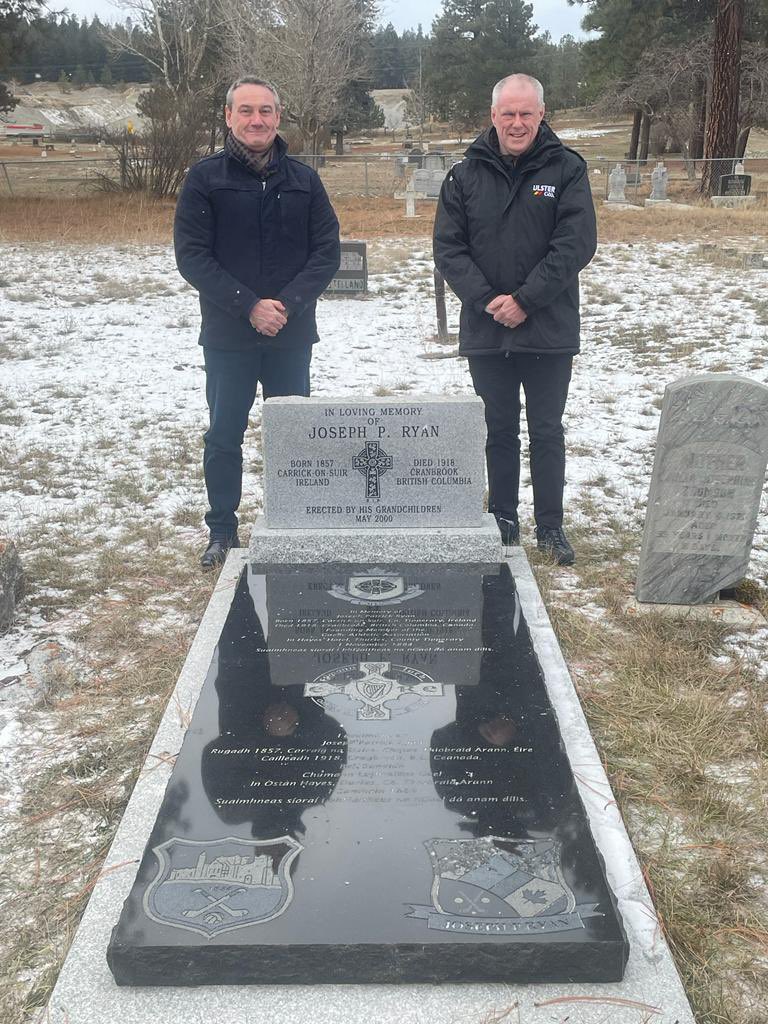 UlsterGAA's tweet image. Ulster GAA President Ciaran McLaughlin and Secretary Brian McAvoy at the grave of JP Ryan, one of the seven founder members of the @officialgaa in 1884. The grave is located in Cranbrook, British Columbia.