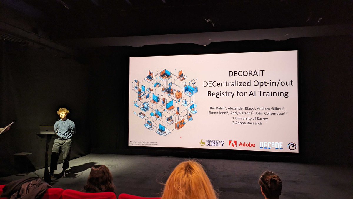John Collomosse (@jcollomosse) on Twitter photo Kar today presenting his CVMP 2023 paper combining DLT (Blockchain) and the C2PA provenance spec to create a decentralised 'do not train' registry for GenAI opt out. <a href="/AdobeResearch/">Adobe Research</a> <a href="/cvssp_research/">CVSSP Research</a> <a href="/DECaDE_Hub/">DECaDE</a> arxiv.org/abs/2309.14400 Kar today presenting his CVMP 2023 paper combining DLT (Blockchain) and the C2PA provenance spec to create a decentralised 'do not train' registry for GenAI opt out. <a href="/AdobeResearch/">Adobe Research</a> <a href="/cvssp_research/">CVSSP Research</a> <a href="/DECaDE_Hub/">DECaDE</a> arxiv.org/abs/2309.14400