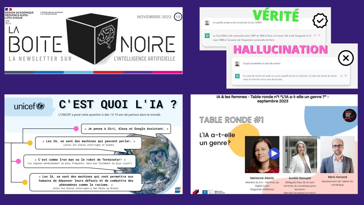 techno_edu_num's tweet photo. Lettre d'information n°19 #LaBoiteNoireIA sur l'#IntelligenceArtificielle de la @DranePaca. Des activités à mener en classe :
❓c'est quoi l'#IA ?
🤖Les différents types d'#IA
🔄#Biais algorithmiques,
⚖️vérité vs hallucinations
@Edu_Num 
▶️https://t.co/xzCdwW4ECc https://t.co/UmUqIsNePE