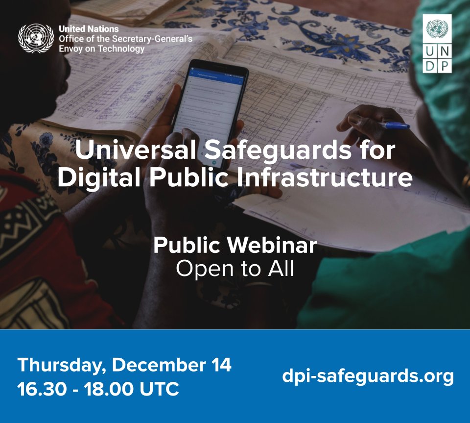 UNDP Digital (@undpdigital) on Twitter photo 📢 Calling all Digital Public Infrastructure (DPI) Safeguards champions!
Join us for a public webinar on 14 December where <a href="/UNDP/">UN Development</a> and <a href="/UNTechEnvoy/">Follow @ODET_UN for the latest updates</a> will join forces to provide updates on the Universal Safeguards for DPI initiative and more.
Register: bit.ly/4118yec 📢 Calling all Digital Public Infrastructure (DPI) Safeguards champions!
Join us for a public webinar on 14 December where <a href="/UNDP/">UN Development</a> and <a href="/UNTechEnvoy/">Follow @ODET_UN for the latest updates</a> will join forces to provide updates on the Universal Safeguards for DPI initiative and more.
Register: bit.ly/4118yec