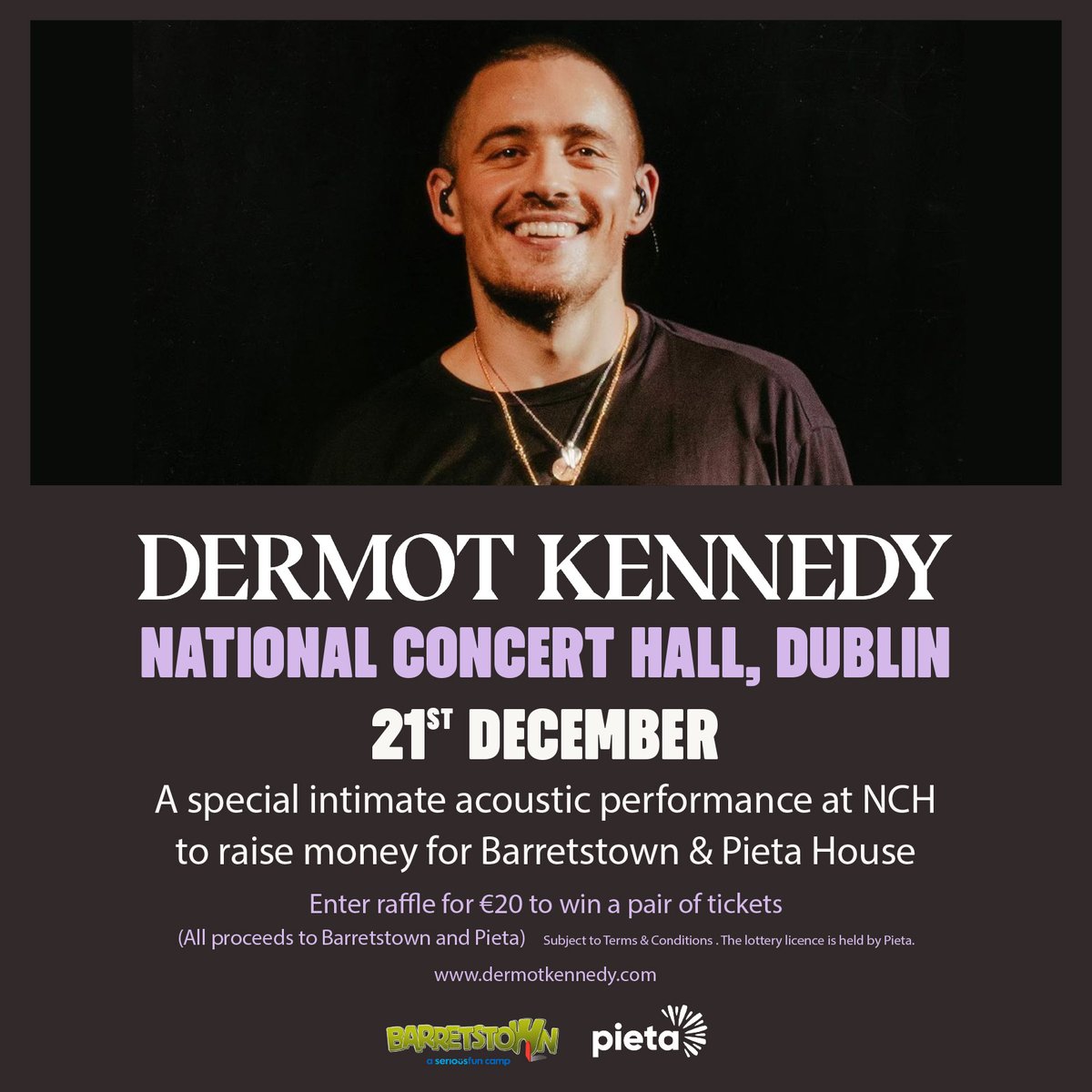 🎤 Join @DermotKennedy at Dublin's National Concert Hall on Dec 21 for an intimate acoustic performance supporting Pieta and @Barretstown. 🎫 Enter the special raffle now until Dec 14, 23:59. 🌟 500 lucky winners get two tickets to this unique show! 🎉 bit.ly/46H9VzI