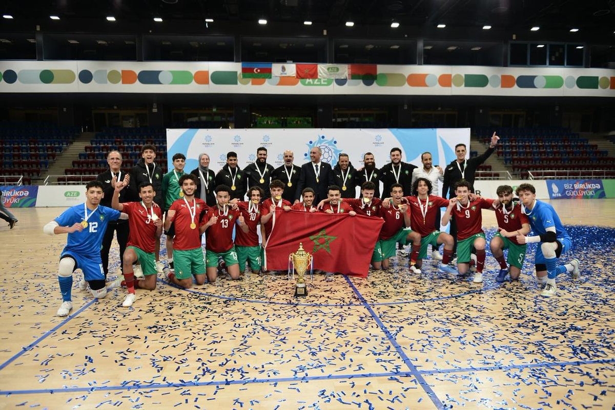 AEmbarch's tweet photo. The Atlas Lions U19 won the international futsal tournament dedicated to the 100th anniversary of the birth of the great leader Heydar Aliyev.
Morocco scored a victory against Belarus to secure the gold and win the trophy. https://t.co/J6jNj0QwdG