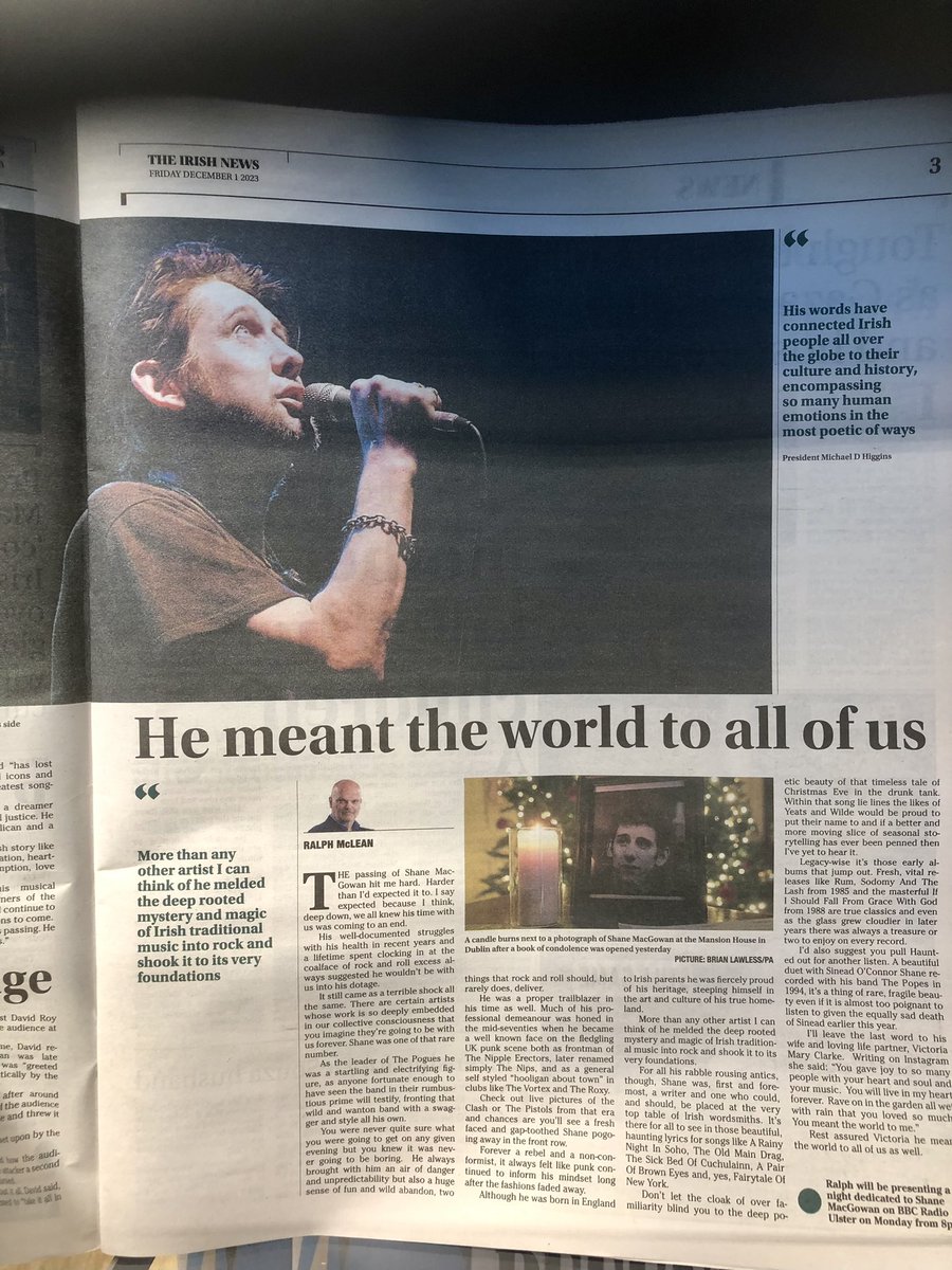 My Shane MacGowan tribute is in today’s <a href="/irish_news/">The Irish News</a> Hope I did Shane proud.  Full radio show tribute on BBC Radio Ulster &amp; Sounds from 8pm on Monday. #ShaneMacGowan