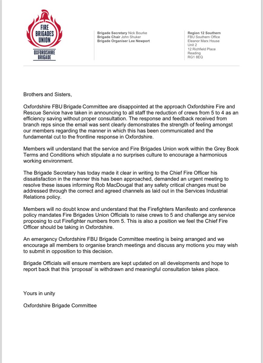 @Oxfordshire_FBU All Members Circular
The Brig Sec has written to the @OxonFireRescue CFO making it clear the approach taken by the service to reduce crews from 5 to 4 in April & the lack of consultation falls short of the standard expected & will be challenged
#FundTheFrontline