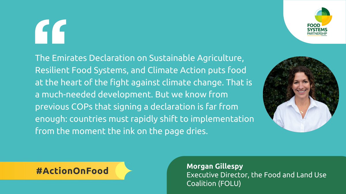 FOLUCoalition's tweet photo. 134 leaders have signed the #COP28 Declaration on Sustainable Agriculture, Resilient #FoodSystems & #ClimateAction, representing 70% of food consumed, 500m farmers & 75% of emissions from #FoodSystems.
With the ink now dry, it is time to #UniteActDeliver urges @morgan_gillespy https://t.co/RYbs10XvVW