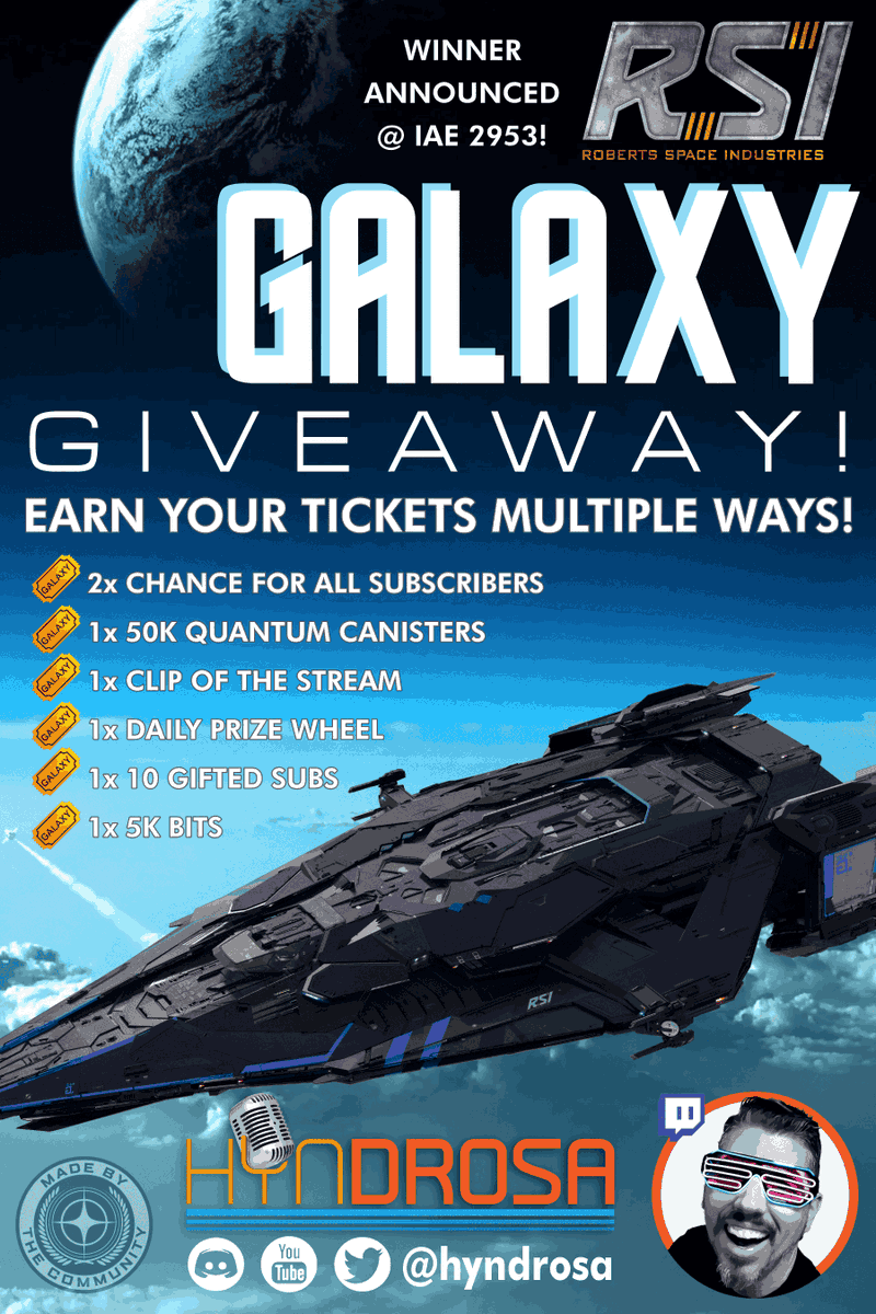 Hyndrosa's tweet image. Guess who's back 🔴LIVE on Twitch w/2 GIVEAWAYS TODAY! An RSI Galaxy w/LTI &amp;amp; an Anvil Pisces C8R w/LTI &amp;amp; Code Blue Paint! Come catch up &amp;amp; be sure to tune in &amp;amp; follow for our Xmas event! twitch.tv/hyndrosa

❤️Like
🔁Retweet
✅Follow @Hyndrosa &amp;amp; @RobertsSpaceInd

#StarCitizen