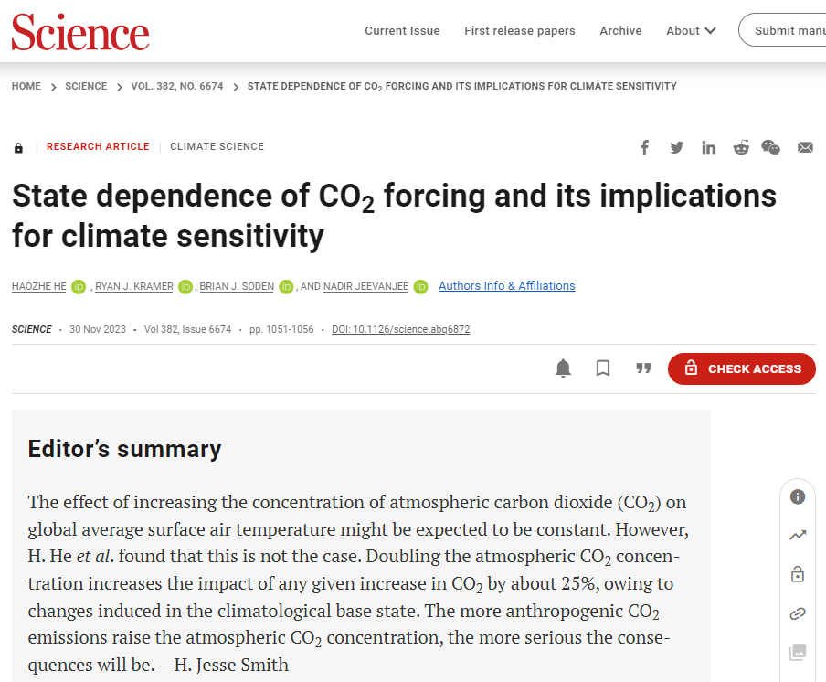 Lacertko's tweet photo. New analysis in @ScienceMagazine shows climate sensitivity is actually *increasing* high higher CO2, and is not constant as assumed. This adds ≈ 25% ECS. Not good as climate warming is accelerating! h/t @LeonSimons8 @EliotJacobson https://t.co/iop6iQdSAo