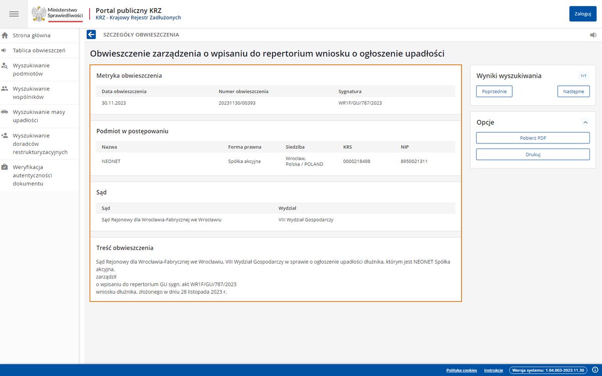 Darek_tech's tweet image. ℹ️ Sąd Rejonowy dla Wrocławia-Fabrycznej we Wrocławiu, VIII Wydział Gospodarczy w sprawie o ogłoszenie upadłości dłużnika, którym jest NEONET Spółka akcyjna.... 👇 OŚWIADCZENIE @NEONET_SA 👉 neonet.biuroprasowe.pl/202869/oswiadc… 👀 Co dalej ? To chyba ważne pytanie dla każdego klienta #Neonet.