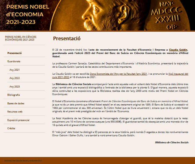 bcsUAB's tweet photo. Hem preparat una exposició bibliogràfica virtual dels Premis Nobel en #Economia dels anys 2021, 2022 i 2023.
Hi repassem la seva trajectòria professional i la bibliografia que pots trobar a les #bibliotequesUAB.
Consulta-la a https://t.co/z9ftIEuvGQ
#bibexposUAB #PremisNobel https://t.co/AkRiYoYEkB