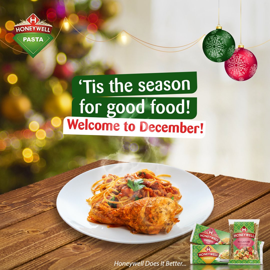 HFMPasta's tweet photo. Ready to win big this Christmas? Honeywell Pasta is here to usher you into the new month with our 12 Days of Christmas Recipes. So get into the Christmas spirit with our irresistible Pasta.
#Honeywell #HoneywellPasta #HappyNewMonth #ChristmasFeast #ChristmasMeals #DeliciousPasta https://t.co/YuuEKwklbZ