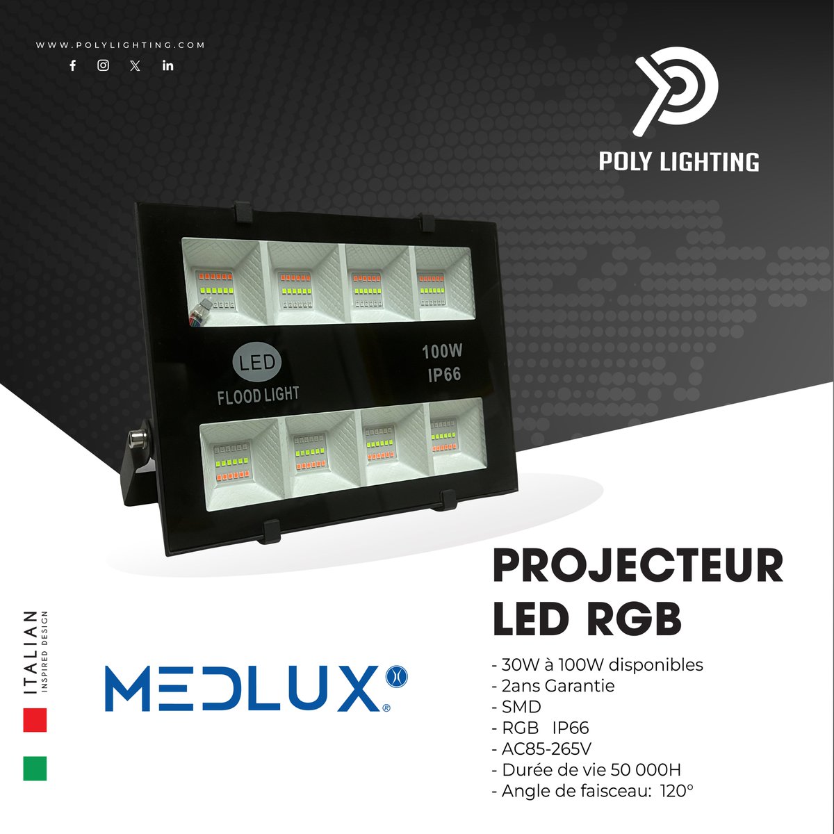 Favoris  · 29 min  · 
▶️ PROJECTEUR NOIR LED SMD 100W RGB
➡️➡️➡️ polylighting.net/.../668-projec…...
✅Pour toute demande de devis contactez nous par message privé ou rendez nous visite à nos showrooms Sousse et Tunis.