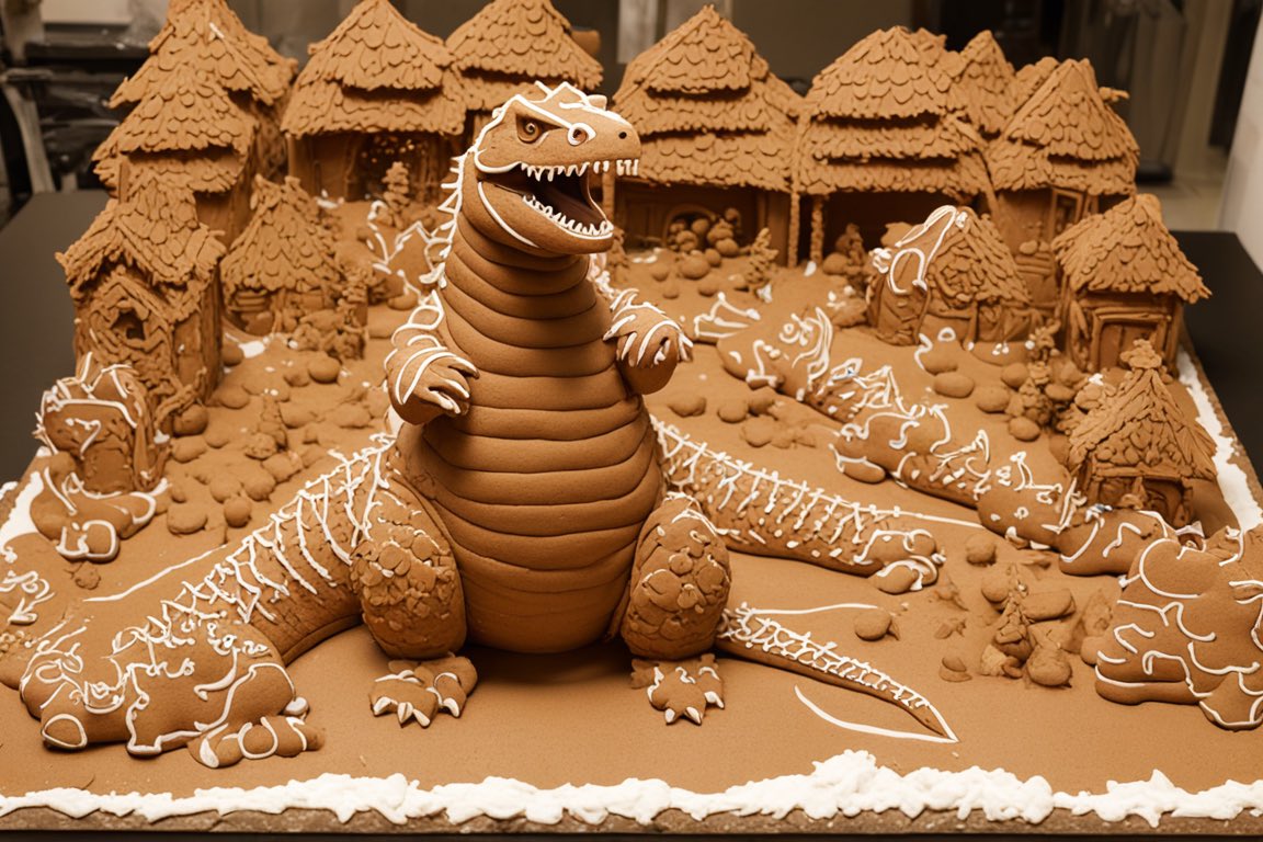 jimmygunawanapp's tweet photo. #godzilla #ReplicateAI #gingerbread Family. https://t.co/t5arRXn3FO