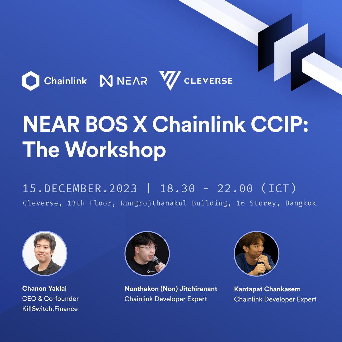 Hello BKK fam! We're excited to invite you to a unique workshop focused on blockchain innovation and cross-chain interoperability. Join us if you are around Bangkok for an evening of learning and networking with leading experts in the area.

🎟 RSVP: lu.ma/NEARxBOSxCCIP

📅