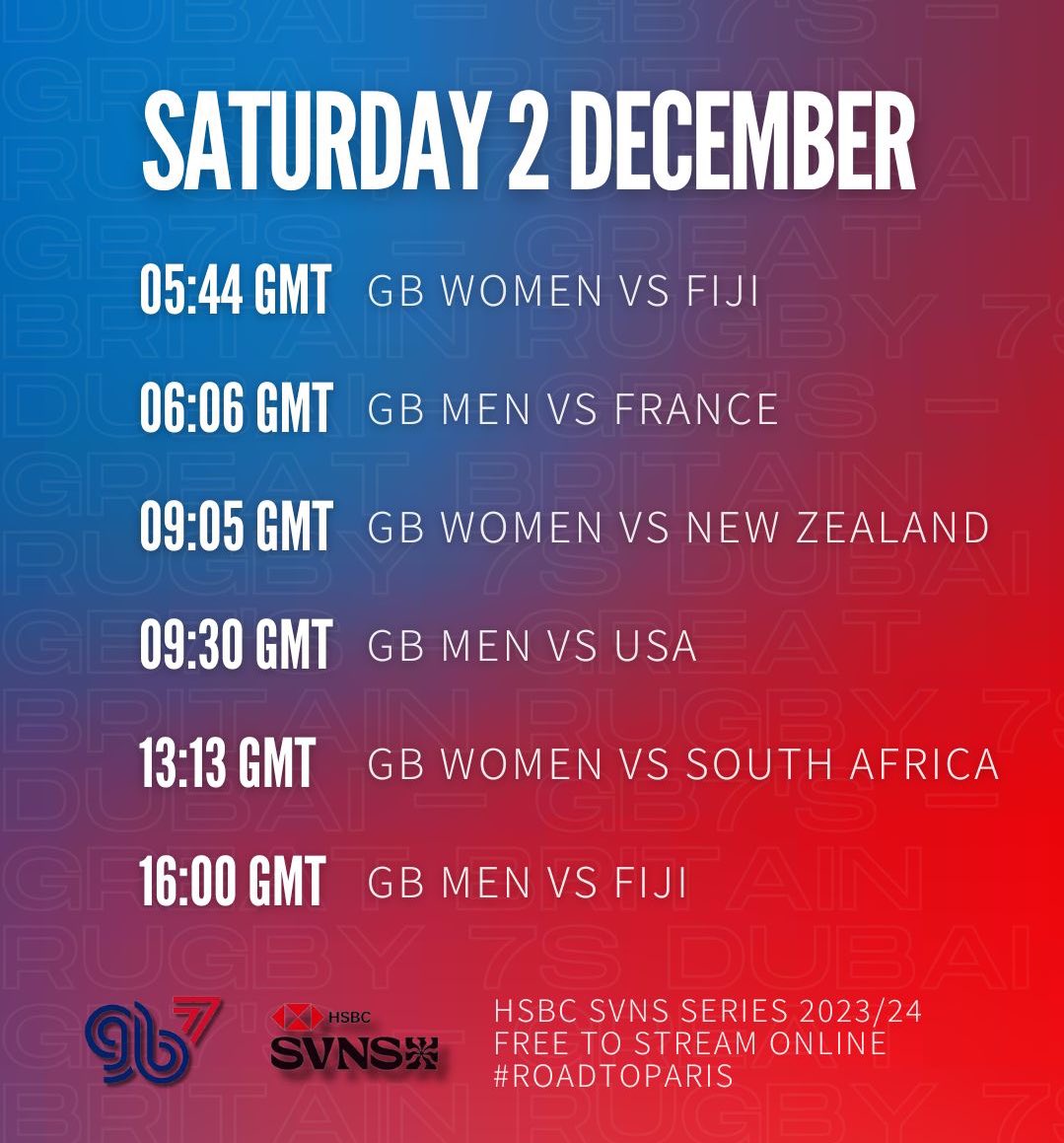 Set those alarms ⏰ Day 1 fixture times for @Dubai7s , remember all matches are free to stream on @RugbyPass TV (link in bio)