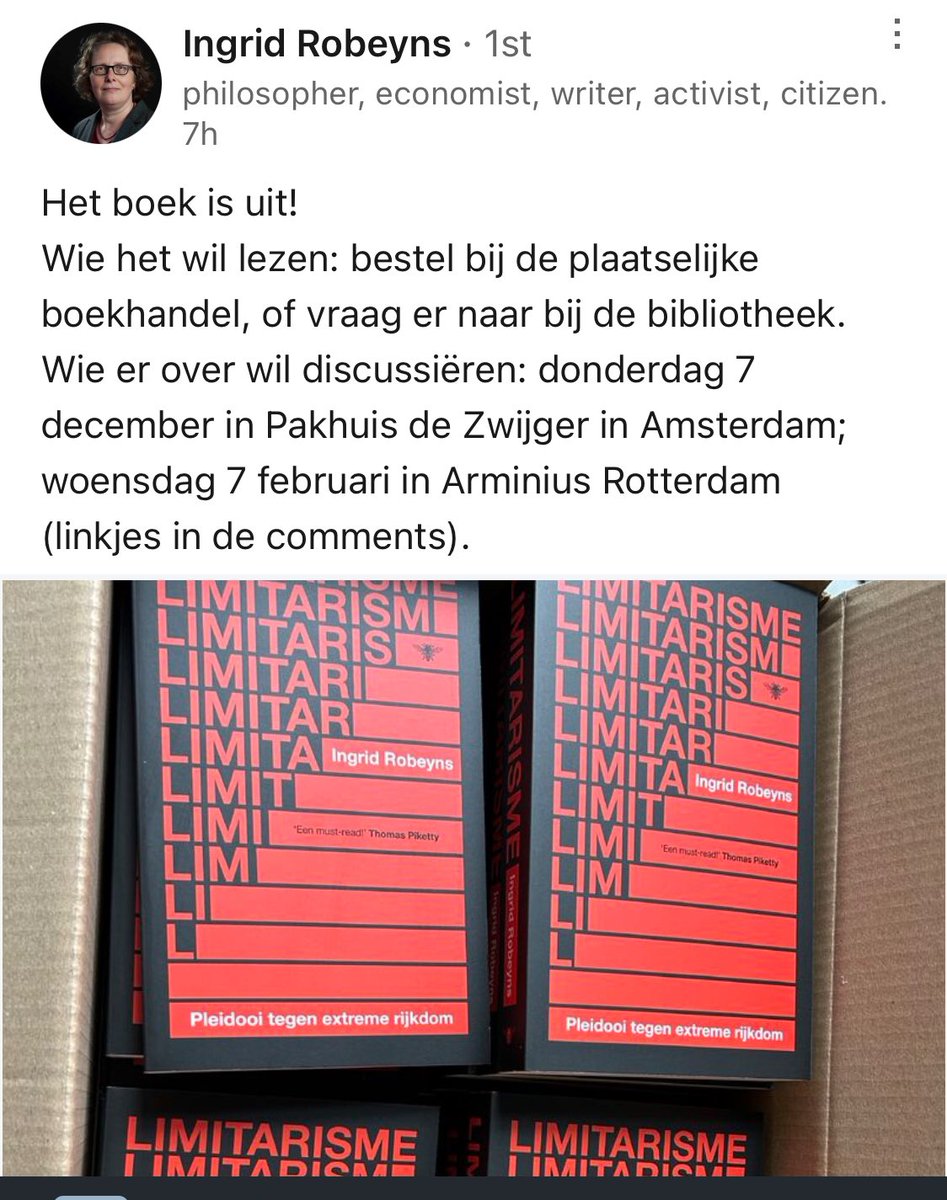 Het boek van <a href="/IngridRobeyns/">Ingrid Robeyns @ingridrobeyns@bsky.social</a> is uit. Het is nu tijd voor een grens aan extreme rijdom. Kom daarom daarom naar ons programma op 7 december, in <a href="/De_Zwijger/">Pakhuis de Zwijger</a> - om leren en mee te praten over het Limitarisme.

dezwijger.nl/programma/limi…