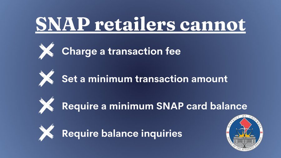 sallygreenberg's tweet photo. NCL wants SNAP beneficiaries to know your rights when making purchases through SNAP.

Retailers must treat SNAP customers fairly and follow these rules! Thanks to
@DCAttorneyGen 
For his enforcement of the law. https://t.co/8nxDgIzA2E