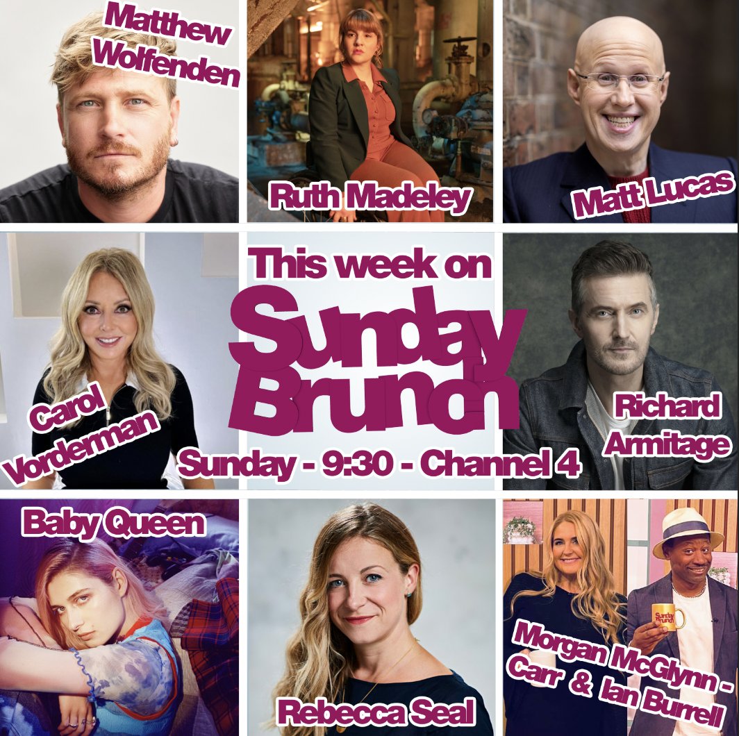 Sunday Brunch (@sundaybrunchc4) on Twitter photo Coming up on this weeks show we have guests <a href="/MrMattWolfenden/">Matthew Wolfenden</a>, <a href="/ruth_madeley/">Ruth Madeley</a>, <a href="/carolvorders/">Carol Vorderman</a>, <a href="/realmattlucas/">Matt Lucas HQ</a>, <a href="/RCArmitage/">Richard Armitage</a> π€© Music from <a href="/babyqueen/">bella</a> π΅ Guest chef <a href="/RebeccaSeal/">Rebecca Seal</a>π©βπ³ Food from #MorganMcGlynnCarr π§ Drinks from <a href="/DaRumAmbassador/">Ian The Rum Ambassador Burrell</a> πΉ Join us Sunday, 9:30am on <a href="/Channel4/">Channel 4</a> Coming up on this weeks show we have guests <a href="/MrMattWolfenden/">Matthew Wolfenden</a>, <a href="/ruth_madeley/">Ruth Madeley</a>, <a href="/carolvorders/">Carol Vorderman</a>, <a href="/realmattlucas/">Matt Lucas HQ</a>, <a href="/RCArmitage/">Richard Armitage</a> π€© Music from <a href="/babyqueen/">bella</a> π΅ Guest chef <a href="/RebeccaSeal/">Rebecca Seal</a>π©βπ³ Food from #MorganMcGlynnCarr π§ Drinks from <a href="/DaRumAmbassador/">Ian The Rum Ambassador Burrell</a> πΉ Join us Sunday, 9:30am on <a href="/Channel4/">Channel 4</a>