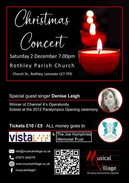 ONLY ONE DAY TO GO! to the Musical Village Christmas Concert at @rothleychurch #Rothley #Charnwood at 7pm in aid of chosen charities, the @JHMTorguk & @VistaLeicester To purchase tickets please email: info@musicalvillage.co.uk 💚💜