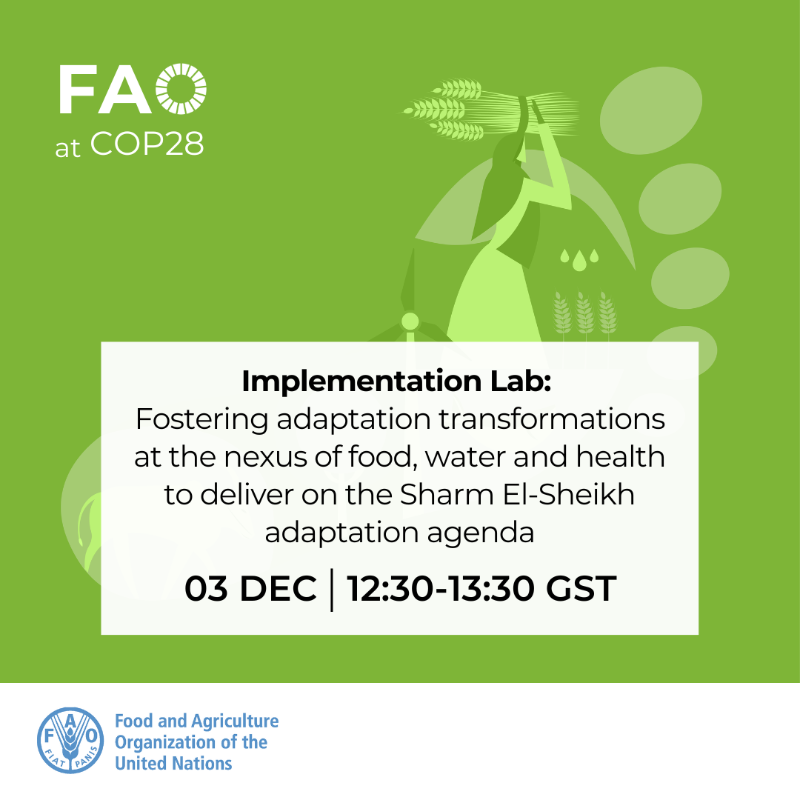 📌 #SaveTheDate
🗓️ 3 Dec 2023
🕑 12:30-13:30 GST

This Implementation Lab will provide a deep dive conversation into implementation efforts, challenges and opportunities that demonstrate impacts on interconnected food, water and health systems.

bit.ly/47X1x07

#COP28