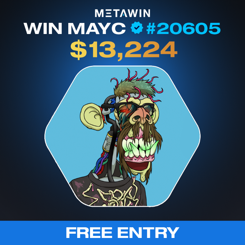 MetaWin's tweet photo. ⏰ Drawing Soon ⏰

Bag yourself a Mutant! Don't miss out on MAYC #20605 worth $13k+.

Grab Your Free* Entry Here: https://t.co/ukaZxJlLKW