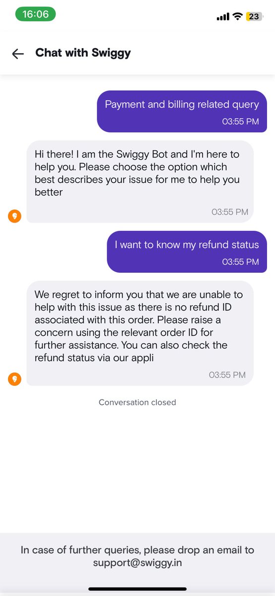 Shivangiii6's tweet photo. @Swiggy your customer service is so poor, first you cancel my order. After that you don’t refund my amount. While I ask for status, your stupid bot says there is no refund associated with this amount, please mail us. 

So you take so much of my time because of a fault of yours? https://t.co/Aj88oIJ72k