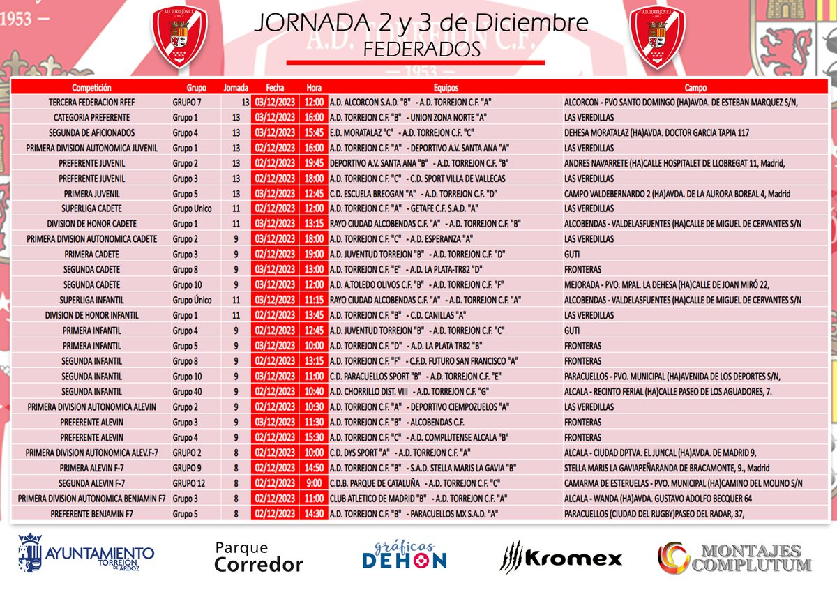 AdTorrejoncf's tweet photo. 🗓️Horarios de esta jornada⚽️💪
#montajescomplutum #70AniversarioADT @TorrejonDxte https://t.co/duHD9YEuiE