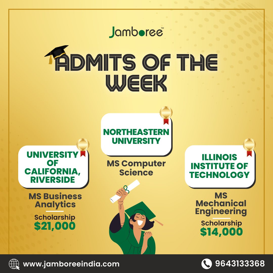 Meet our stellar top admits of the week! 🌟🏆 
 
Comment down your dream college. 🤩

#jamboree #topadmits #admission #studygram #studyoverseas #studyabroad #uk #usa #india #UniversityOfCalifornia #riverside #northeasternuniversity #Illinois #achievement #proudmoment