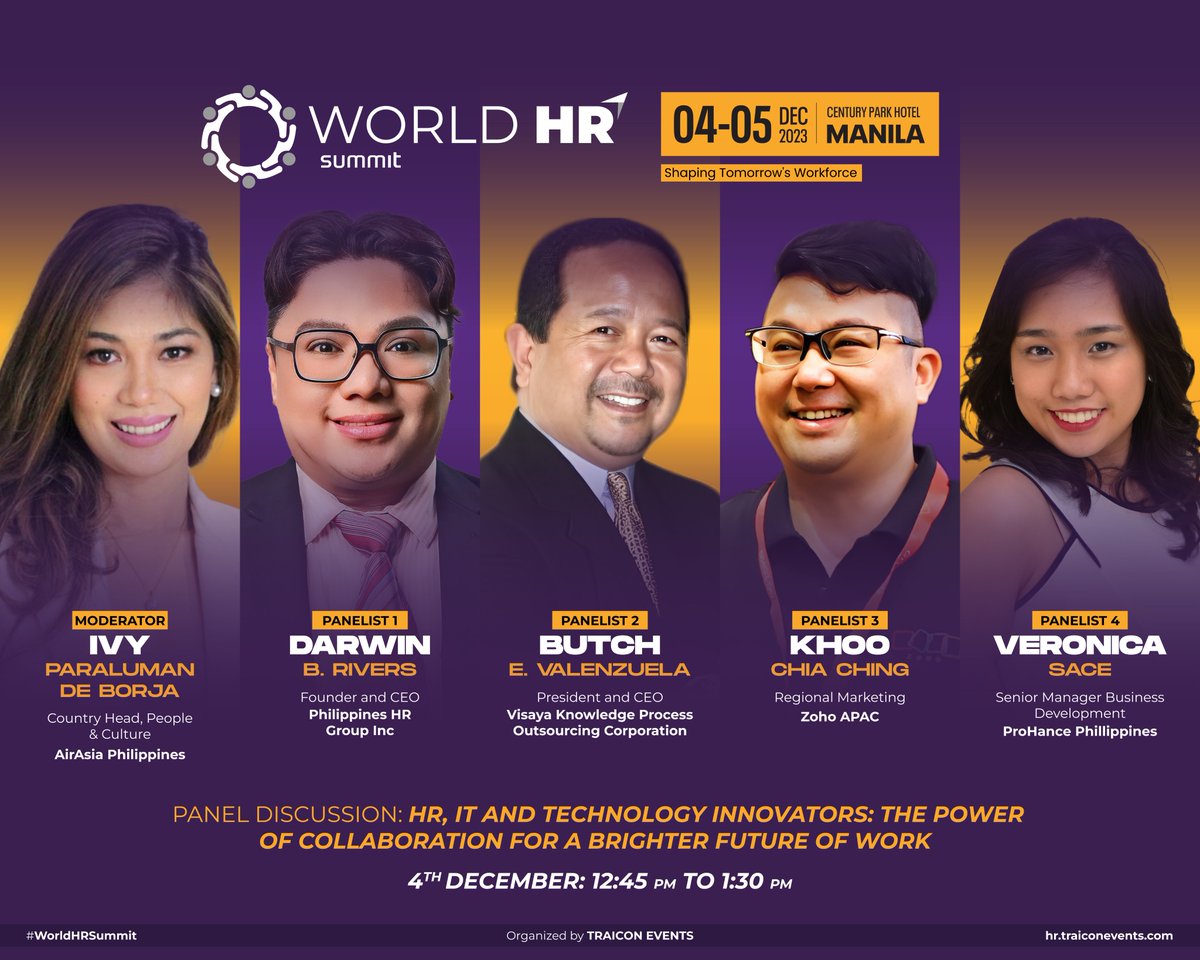 TraiCon_Events's tweet photo. Dive into the future of work with our panel on 'HR, IT & Tech' at #WorldHRSummit
Hear from top innovators and visionaries. Donโt miss out!
Explore more & collaborate โก๏ธ https://t.co/igL6ys8ya5
#EmpowerHR #HRInnovation #HRMaverick #ManilaHRSummit #ManilaHRLeadership #HRManila https://t.co/lminK8XGQR