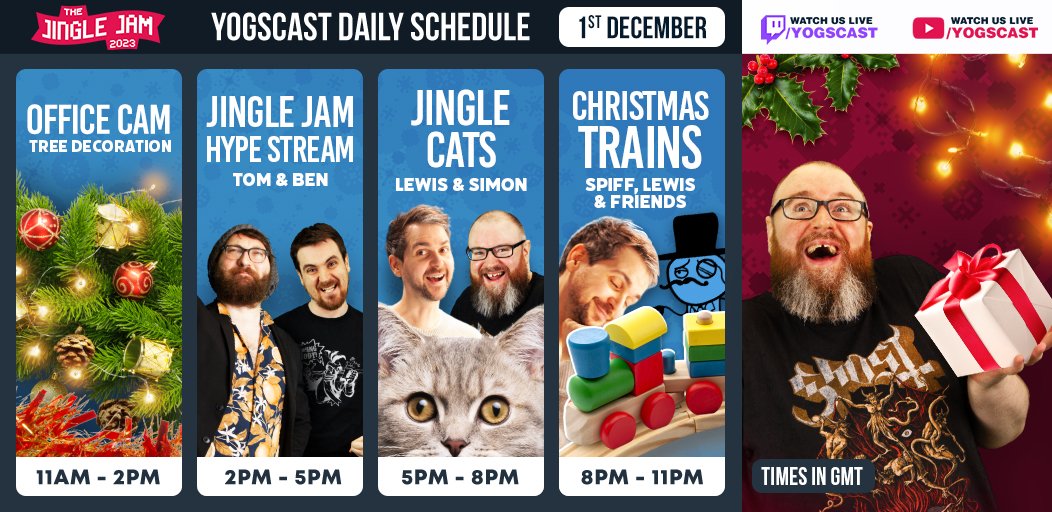 yogscast's tweet photo. It's finally here—the first day of #JingleJam2023 is officially LIVE on Twitch and YouTube!

Join now us as we decorate the office and prepare for two wonderful weeks of festive fundraising! https://t.co/sLcEqZpEWS