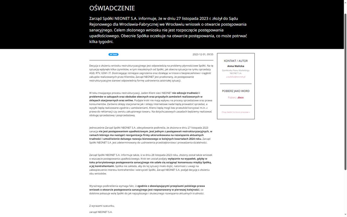 Darek_tech's tweet image. ℹ️ Sąd Rejonowy dla Wrocławia-Fabrycznej we Wrocławiu, VIII Wydział Gospodarczy w sprawie o ogłoszenie upadłości dłużnika, którym jest NEONET Spółka akcyjna.... 👇 OŚWIADCZENIE @NEONET_SA 👉 neonet.biuroprasowe.pl/202869/oswiadc… 👀 Co dalej ? To chyba ważne pytanie dla każdego klienta #Neonet.
