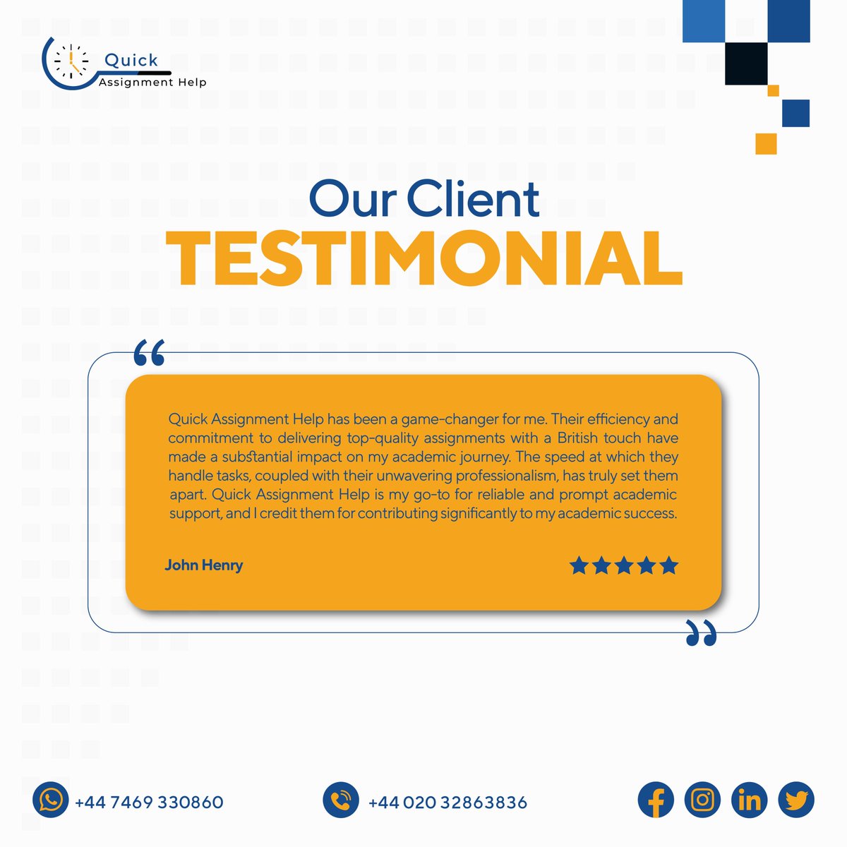 quikassignment's tweet image. Our clients' success stories speak for themselves. Thank you for trusting us with your journey!
#ClientTestimonials #SuccessStories #quickassignmenthelp #assignmenthelp #assignmentwriting #education #assignmentmaster #quickassignmentmaster