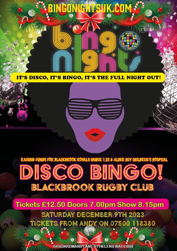 Just over a week to go and still tickets available for Xmas Disco Bingo. 💃🕺🏻💃🕺🏻

Perfect for any Xmas night out. 12 games, 12 prizes and unlimited fun and laughter. 👌🏽

<a href="/BingonightsUk/">Bingo Nights</a> <a href="/Blackbrook_Club/">Blackbrook Club</a> <a href="/BlackbrookJRLFC/">Blackbrook Royals</a> 
<a href="/blackbrookfc1/">Blackbrook Football Club</a> <a href="/sthelensstar/">St Helens Star</a> <a href="/sthsportnetwork/">Langers Bangers</a>