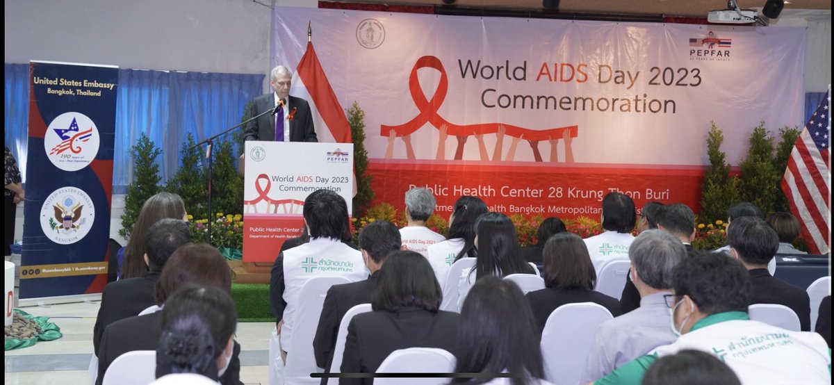 USAmbThailand's tweet photo. Twenty years ago, #AIDS was a death sentence. The U.S. & Thailand refused to accept that reality. Through partnerships, including @PEPFAR, the Royal Thai Government, communities, the private sector, and many others, we saved lives and helped people. A special thank you to BMA & Bangkok Public Health Center 28 for their extraordinary work and leadership in the fight over the years! Today on #WorldAIDSDay2023 & @PEPFAR’s 20th anniversary, we reflect on the progress made and commit again to finally #EndAIDS2030.