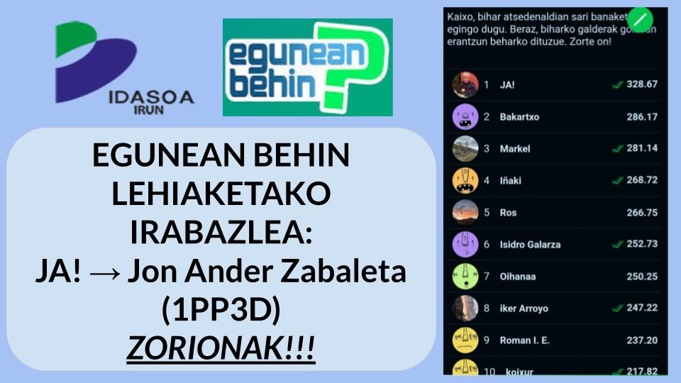 fpbidasoa's tweet photo. Igande honetan Euskararen Eguna izanik, ikastetxean Euskararen Astea ospatu dugu. Gaitu proiektuan gure aletxoa jartzeaz gain, Egunean Behin txapelketa martxan izan dugu. Gaur irabazleari saria eman diogu.
Zorionak Jon Ander!!! 💪
#Abenduak3 #EuskarenEguna @IrunEuskaraldia https://t.co/HpCdRFIeOh