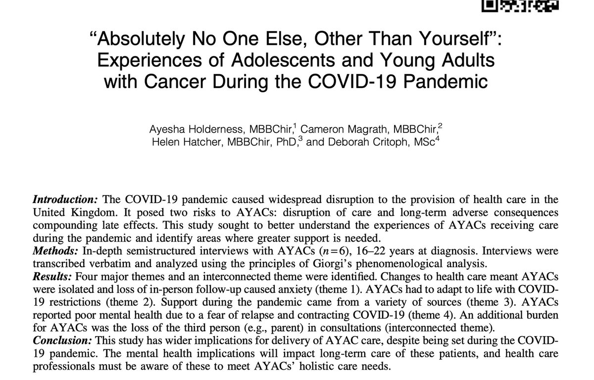 ***New Publication***
Delighted to share these important insights from AYAC during COVID-19. 
Many lessons learnt. Psychosocial assessment for those treated during that time is critical. 
doi.org/10.1089/jayao.…
Huge congratulations to <a href="/AHolderness6/">Ayesha Holderness</a>