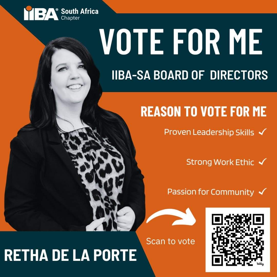 rethafraser's tweet photo. 🌟 Hello, fellow IIBA-SA Members!

I am honored to be one of the nominees for the IIBA-SA Board of Directors!

💡 I humbly ask for your support and consideration as you cast your vote.

Voting closes on Monday, December 4th at 17:00 

#iiba #iibasa #businessanalysis https://t.co/zvfMVK52cX