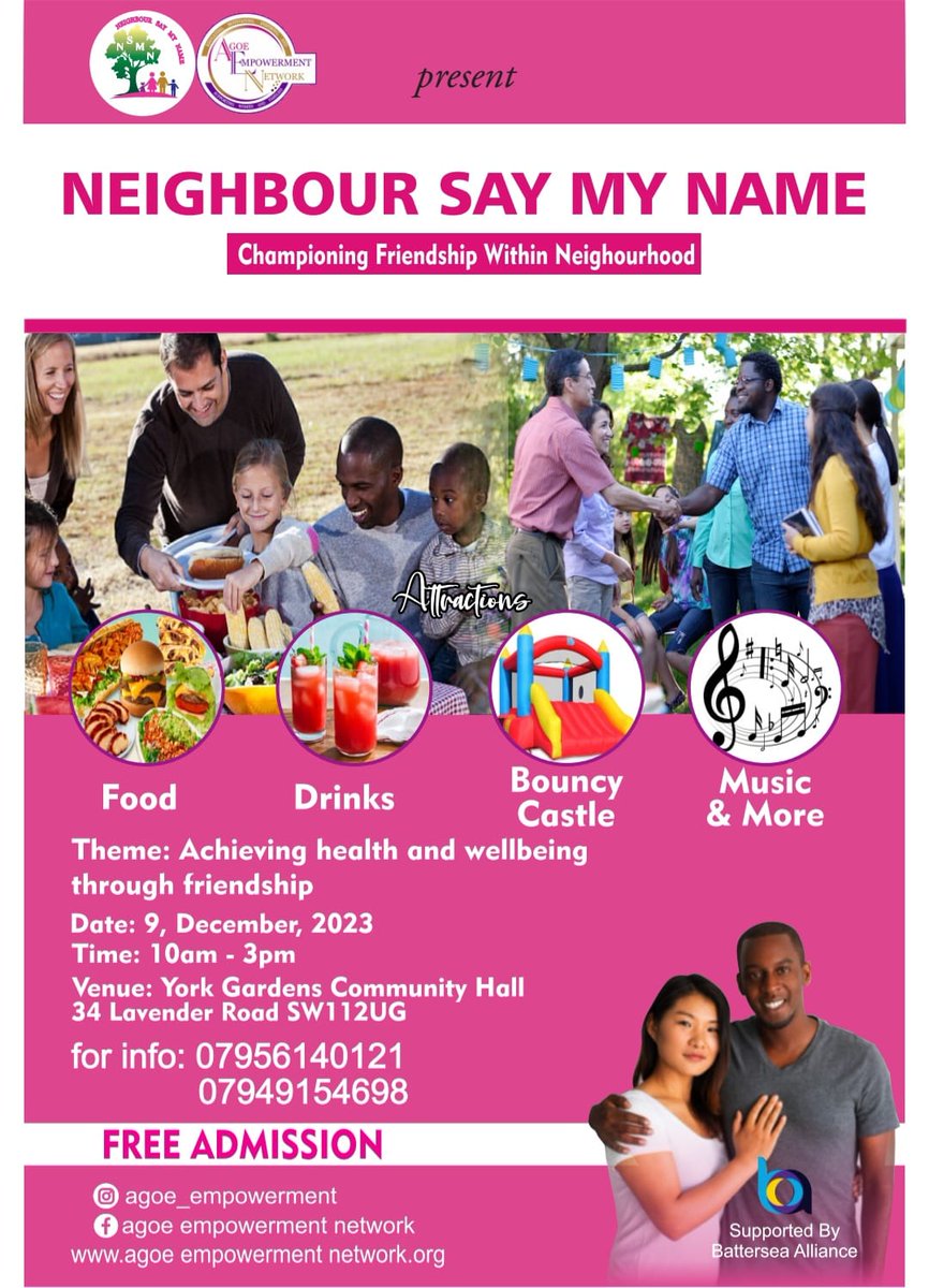 The second edition of Neighbour Say My Name is near, 9 December 2023, from 10am to 3pm at the York Garden community hall .come network, make new friends, learn some facts about the importants of mentioning peoples name. Theme: Achieving health and wellbeing through friendship.