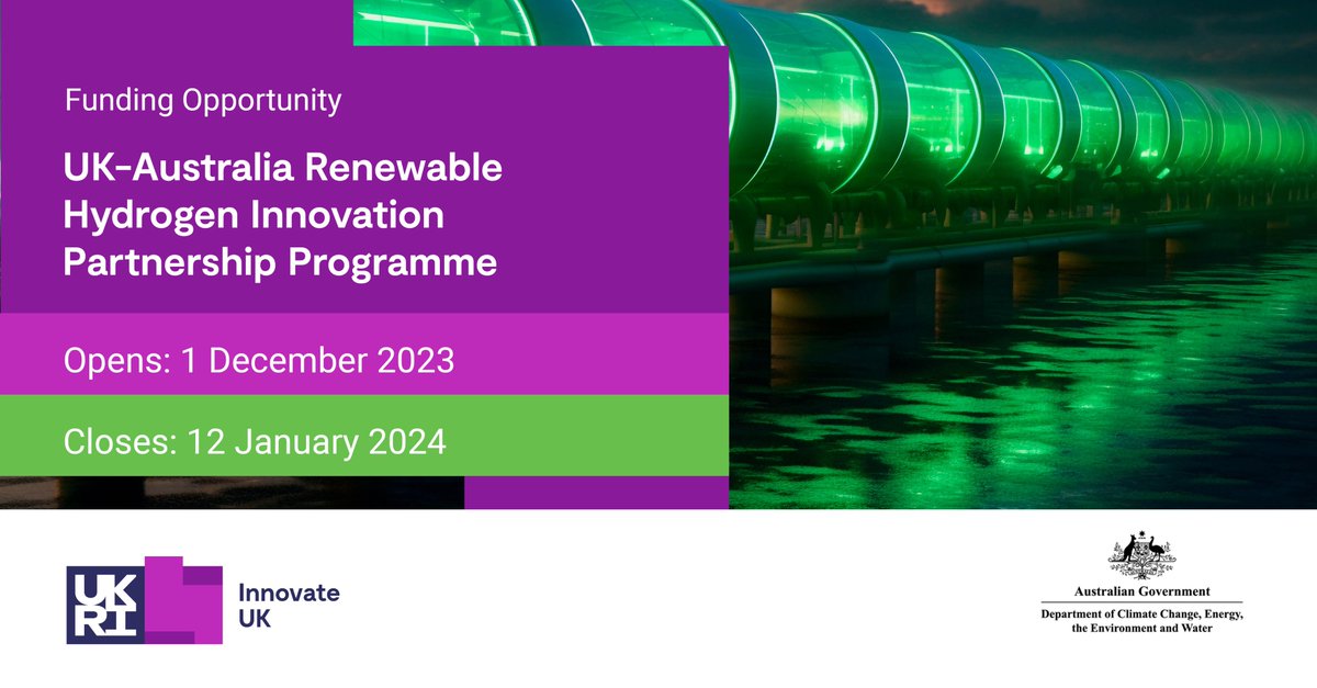 🇬🇧🇦🇺 New Funding Opportunity from @innovateUK and <a href="/DCCEEW/">DCCEEW</a>. UK businesses can apply for a share of up to £5m for collaborative #renewablehydrogen innovation projects between the UK and Australia. Read more: bit.ly/411N40O #energy #lowcarbon