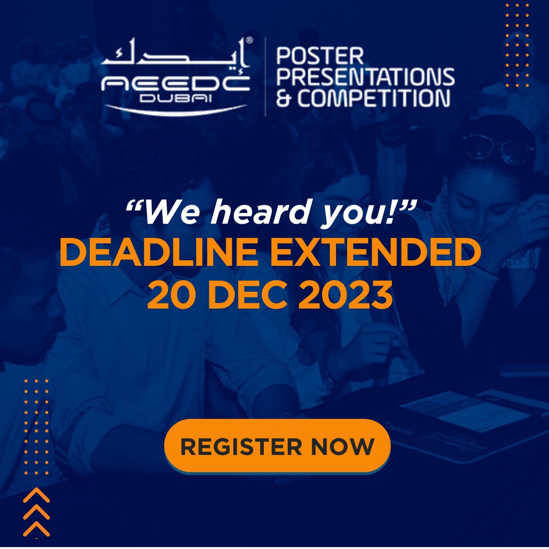 AEEDCDubai's tweet image. Breaking News: In response to the high demand, we are officially extending the submission deadline for the AEEDC Posters Competition! Seize this golden opportunity to showcase your innovation.  Submit now, your masterpiece deserves the spotlight!

#AEEDCPosters #ExtendedDeadline…