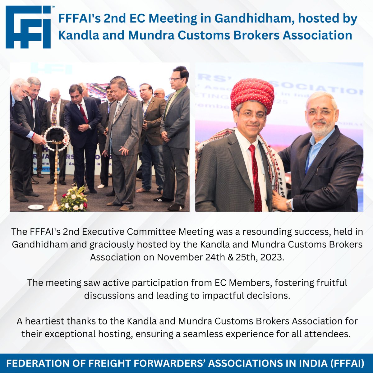 FFFAI's 2nd Executive Committee Meeting in Gandhidham, Hosted by Kandla and Mundra Customs Brokers Association (24th &amp; 25th Nov 2023)

#FFFAI #ExecutiveCommitteeMeeting #Gandhidham #KandlaMundraAssociation #SuccessfulMeeting