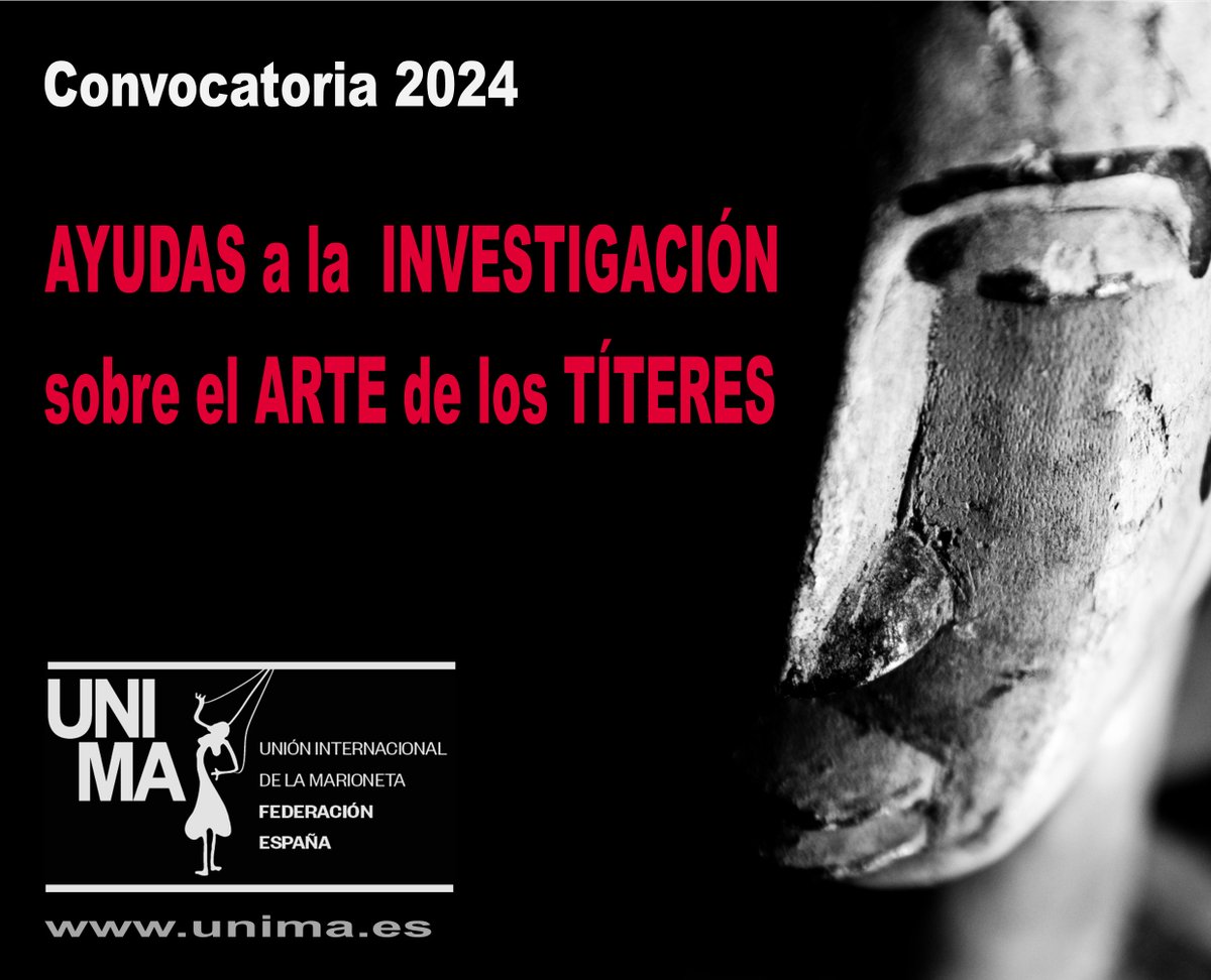 UnimaEspana's tweet image. UNIMA FEDERACIÓN ESPAÑA abre la convocatoria anual de Ayudas a la investigación para 2024.
Estas Ayudas tienen como objetivo fomentar la investigación sobre el desarrollo de las Artes del Títere, especialmente en el estado español.
Más información: unima.es/ayudas-a-la-in…