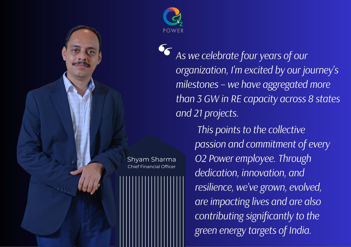 #O2PowerTurns4

<a href="/shyam2602/">S Sharma</a> , our Chief Financial Officer, proud of O2 Power's many milestones, urges, "Let us cherish our successes, learn from the challenges, and continue striving for excellence. Cheers to our remarkable journey so far and the limitless potential ahead!"