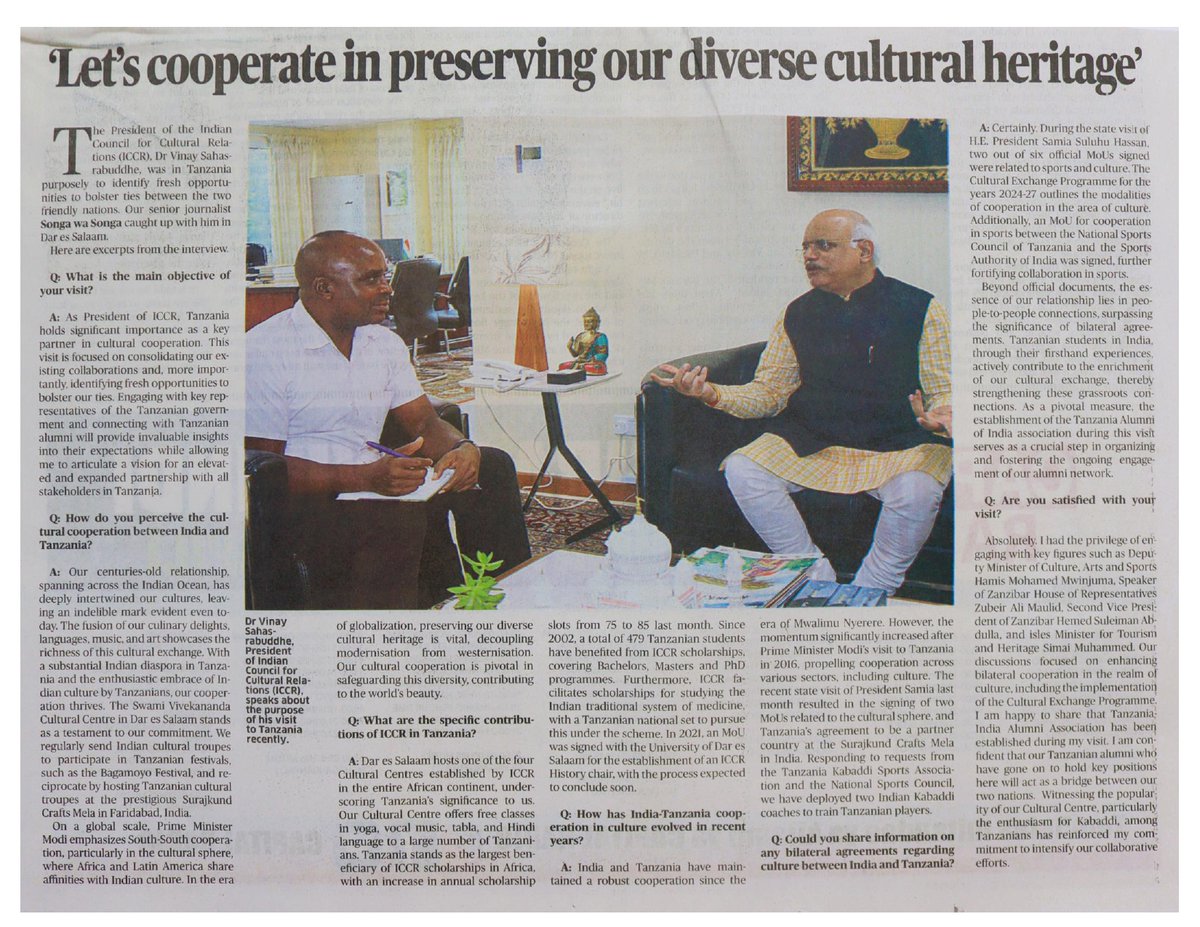 #ICCRinNews #Read the latest news coverage capturing the visit of Dr. @Vinay1011, President of ICCR, to Tanzania.