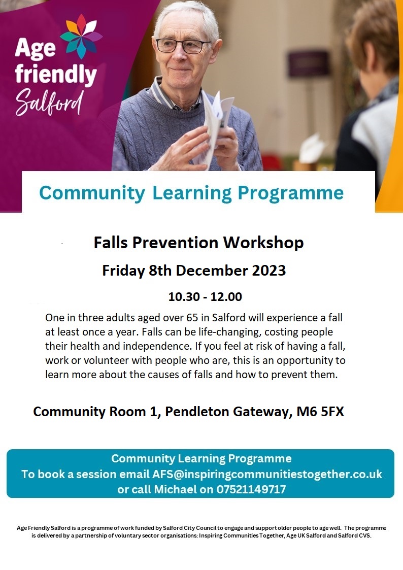 If you feel at risk of falling at home, or when you're out and about, pop along to this Falls Prevention Workshop with @agefriendlysalford to learn how you can stop it.

For more information, call Michael on 07521149717 or email AFS@inspiringcommunitiestogether.co.uk 

#Salford
