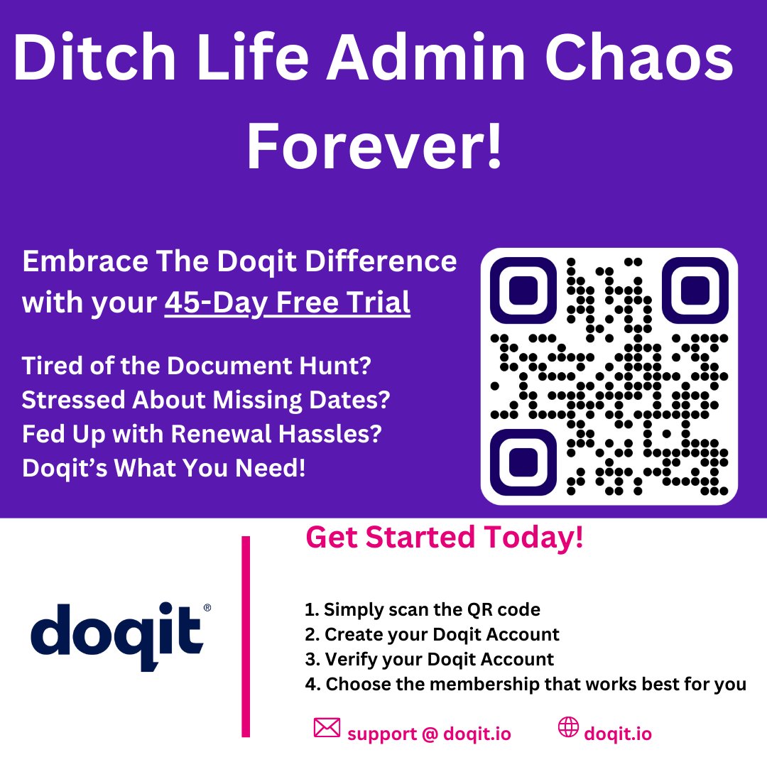 DoqitHq's tweet photo. 45 days of Doqit FREE!
Experience Doqit with our free trial and transform your life admin!
#FreeTrial #TryDoqit #Productivity #GetOrganised #LifeAdminSimplified https://t.co/VOaL68bZdc