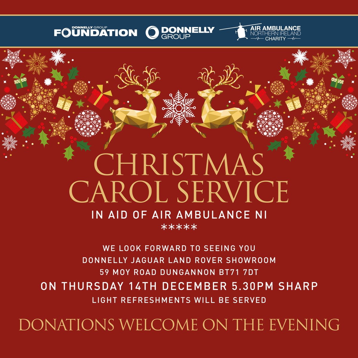 SAVE THE DATE! Thursday 14th December, 5.30pm Donnelly Group is bringing some festive cheer to Dungannon with an open invite to our Christmas Carol Service, featuring our staff choir, on Thursday 14th December at 5:30pm in aid of our Charity Partner, @AirAmbulanceNI.