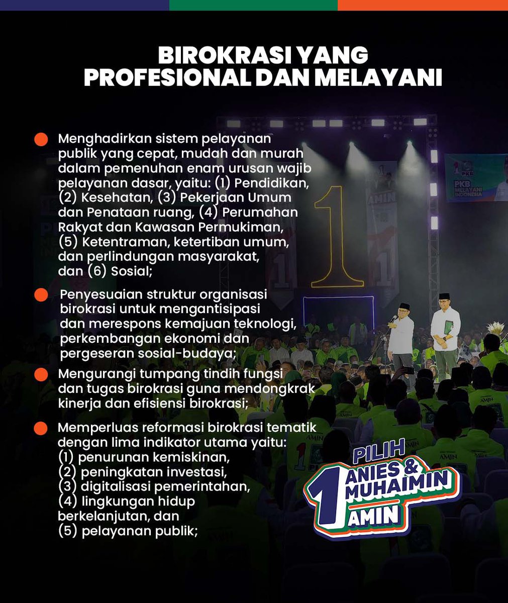 Birokrasi yang bersih dapat meningkatkan kepercayaan publik terhadap pemerintah. 

Pasangan AMIN, Mas Anies <a href="/aniesbaswedan/">Anies Rasyid Baswedan</a> dan Gus Imin <a href="/cakimiNOW/">A Muhaimin Iskandar</a> telah menyusun perencanaan kebijakan yang perlu diterapkan untuk mewujudkan birokrasi yang bersih, profesional dan melayani.