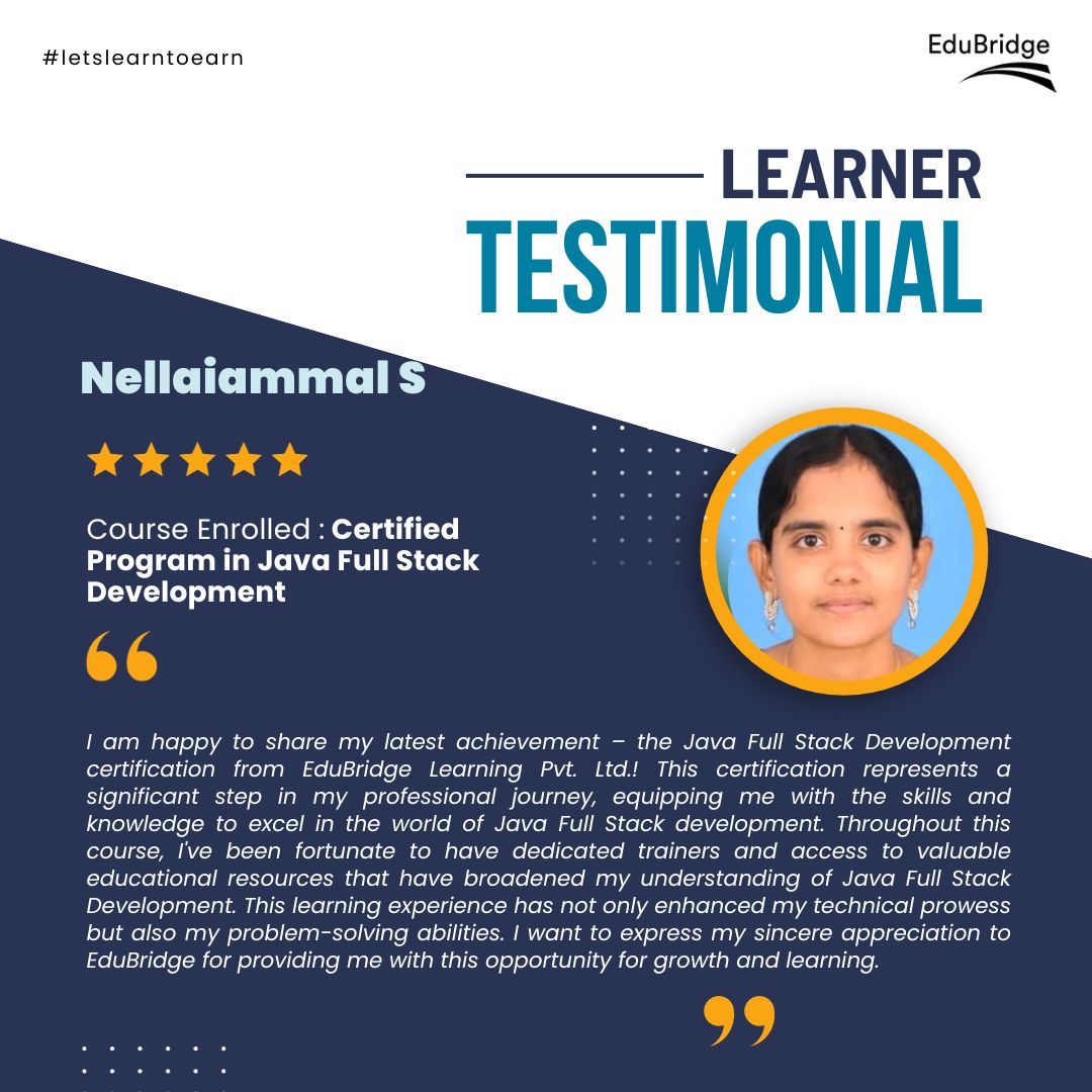 EduBridgelearn's tweet image. Nellaiammal S, an EduBridge Learner, shares her success story in achieving the Java Full Stack Development certification.
Register Now @ bit.ly/3GdUTH5
#CollectionFrameworkInJava #JavaLanguage #MultilevelInheritanceInJava #HybridInheritanceInJava #JavaFullStack #Java
