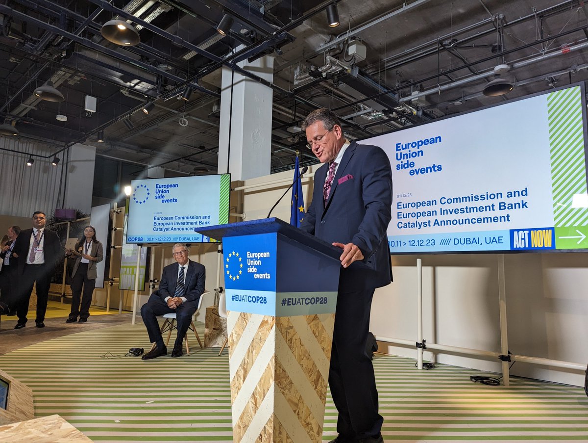 LIVE NOW at #COP28 European Commission Executive Vice-President @MarosSefcovic, @EIB President Dr Werner Hoyer and @BillGates announce the first two 🇪🇺 projects to be supported by the EU–Breakthrough Energy Catalyst partnership. Tune in #EUatCOP28: cop28eusideevents.eu/e/programme?se…